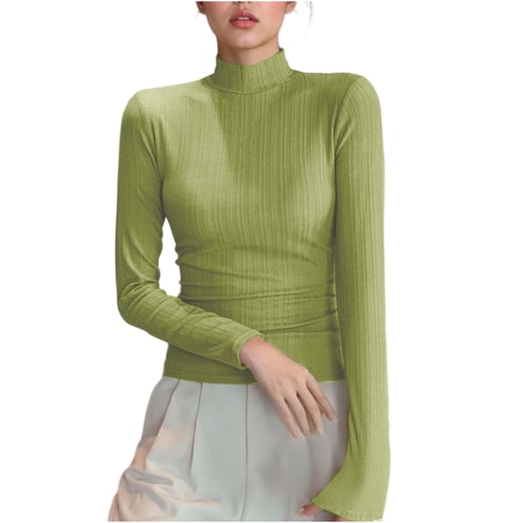 RYRJJ Womens Mock Turtleneck Long Sleeve Shirts Fall Ribbed Tops Basic Layering Soft Thermal Undershirts Tees(Green,L)