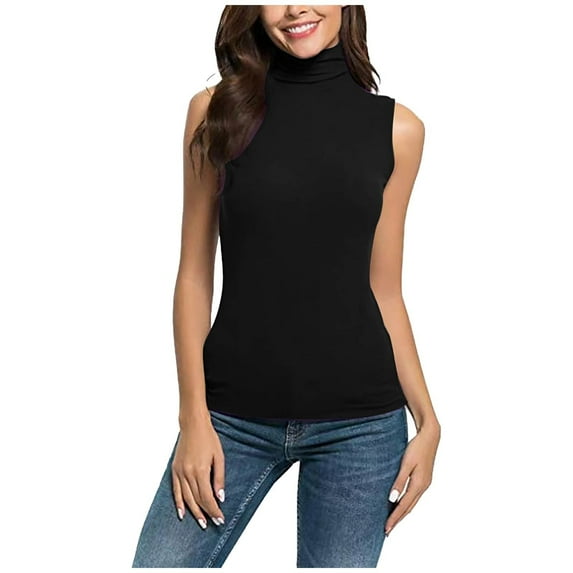 RYRJJ Womens Mock Turtleneck Tank Tops Sleeveless Basic Solid T-Shirts Blouse Slim Fited Stretchy Layer Tee Shirts(Black,5XL)