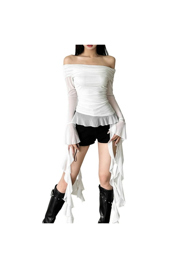 Womens Off Shoulder Long Sleeve Tops Fall Casual Tulle Asymmetrical Ruffle Hem Blouses Ruched Slim Fit Going Out Y2k Shirts(White,L)