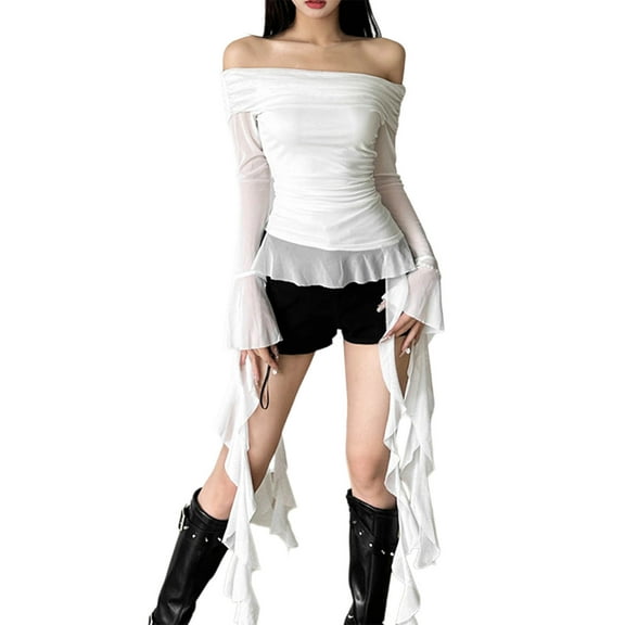 RYRJJ Womens Off Shoulder Long Sleeve Tops Fall Casual Tulle Asymmetrical Ruffle Hem Blouses Ruched Slim Fit Going Out Y2k Shirts(White,S)
