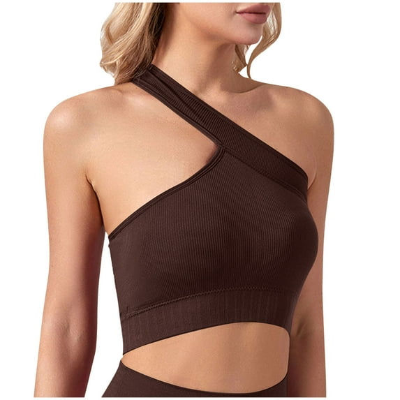RYRJJ Womens One Shoulder Sports Bra - Sleeveless One Strap Low Impact Workout Yoga Bra Tops with Removable Padded Longline T-Shirt Bras