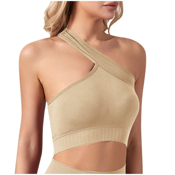 RYRJJ Womens One Shoulder Sports Bra - Sleeveless One Strap Low Impact Workout Yoga Bra Tops with Removable Padded Longline T-Shirt Bras