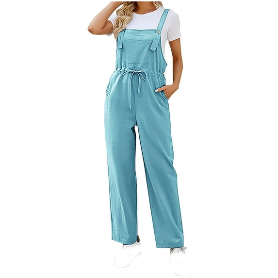 RYRJJ Womens Overalls Wide Leg Jumpsuits Pants Casual Bib Summer Rompers Jumpers Loose Sleeveless Straps with Pockets Outfits(Sky Blue,M)