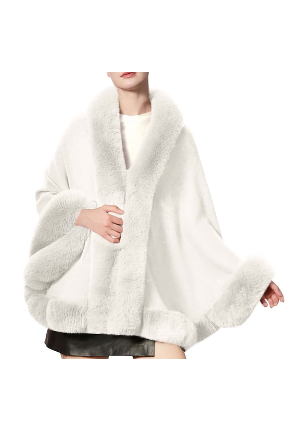 Womens Oversizd Shawl Cardigan Wrap Batwing Sleeve Faux Fur Trim Cape Winter Warm Cloak Poncho Coat for Dress Evening Party(White,Free Size)