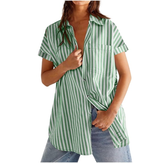 RYRJJ Womens Oversized Button Down Shirts Summer Striped Short Sleeve Blouses with Pocket Dressy Casual Collared Business Work Tops
