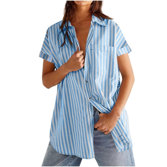 RYRJJ Womens Oversized Button Down Shirts Summer Striped Short Sleeve Blouses with Pocket Dressy Casual Collared Business Work Tops