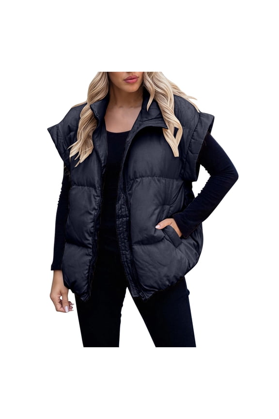 Womens Oversized Puffer Vest Stand Collar Full Zip Sleeveless Bubble Puffer Jackets Quilted Padded Warm Coat Outwear(Black,XL)