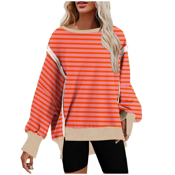 RYRJJ Womens Oversized Reverse Seam Sweatshirt Casual Long Sleeve Crewneck Lightweight Pullover Tops Loose Classic Striped Sweatshirts(Orange,S)