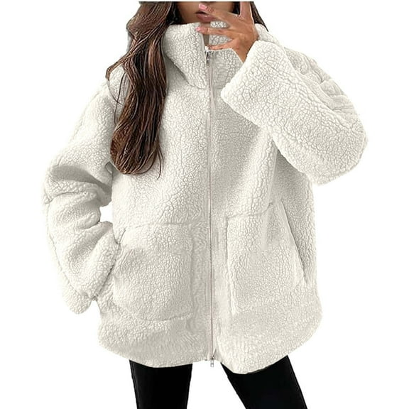 RYRJJ Womens Oversized Sherpa Fleece Jacket Casual Zip Up Teddy Coat Winter Warm Stand Collar Fuzzy Outerwear with Pockets(Beige,S)