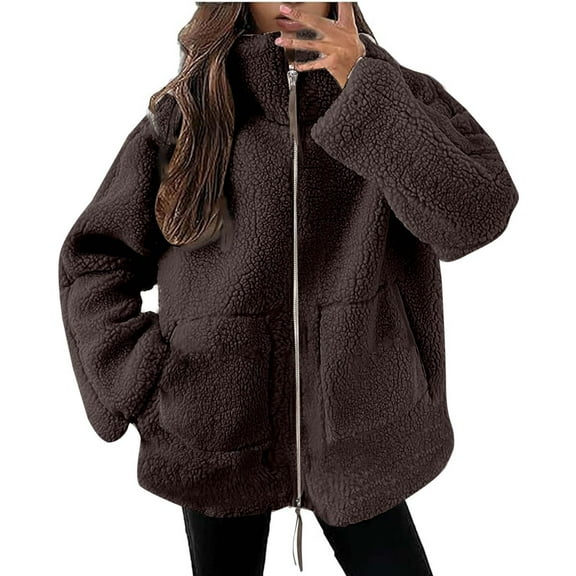 RYRJJ Womens Oversized Sherpa Fleece Jacket Casual Zip Up Teddy Coat Winter Warm Stand Collar Fuzzy Outerwear with Pockets(Coffee,M)