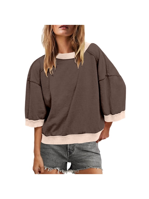 Womens Oversized Short Sleeve Sweatshirt Crewneck Drop Shoulder Tops Summer Cute Color Block Pullover Sweatshirts(Coffee,M)