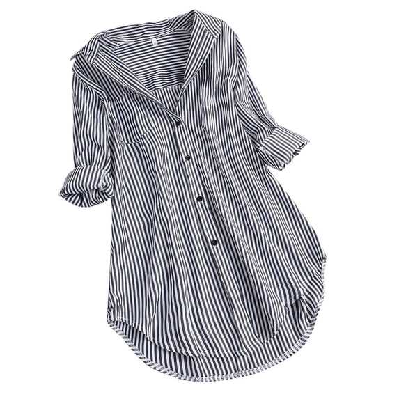RYRJJ Womens Oversized Striped Button Down Shirts Classic Long Sleeve Stylish Collared Office Work Blouses Tops with Pocket Plus Size(Black,S)