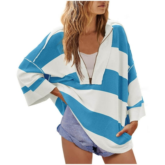 RYRJJ Womens Oversized Striped Shirt Half Zip Sweatshirt Color Block V Neck Top Casual Long Sleeve Loose Pullover Y2k Fall Trendy(Sky Blue,XL)