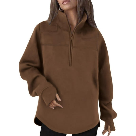 RYRJJ Womens Oversized Sweatshirt Long Sleeve Quarter Zip Hoodie Lightweight Fashion Fall Athletic Pullover Tops with Curved Hem(Coffee,XXL)