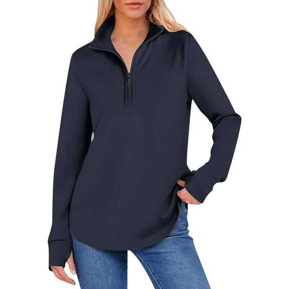 RYRJJ Womens Oversized Sweatshirt Long Sleeve Quarter Zip Hoodie Lightweight Fashion Fall Athletic Pullover Tops with Curved Hem(Navy,L)