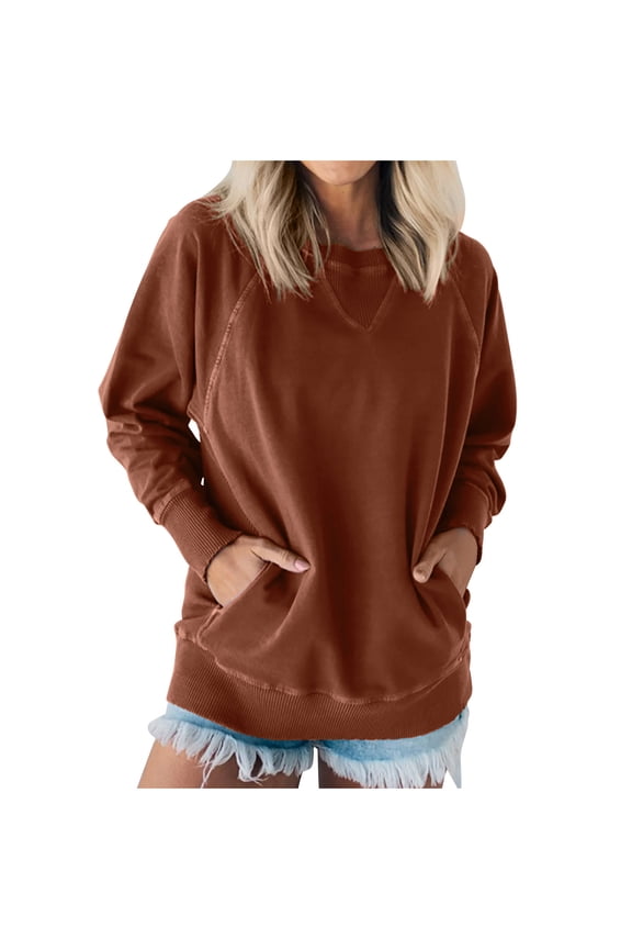 Womens Oversized Sweatshirts Crewneck Long Sleeve Tops Lightweight Pullover Fall Fashion Raglan Sleeve Sweatshirt with Side Pockets(Brown,XXL)
