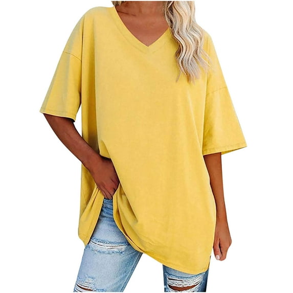 RYRJJ Womens Oversized T Shirts Vintage Cotton Drop Shoulder Tees V-Neck Short Sleeve Summer Tunic Tops Teen Girls Plain T-Shirt(Yellow,S)