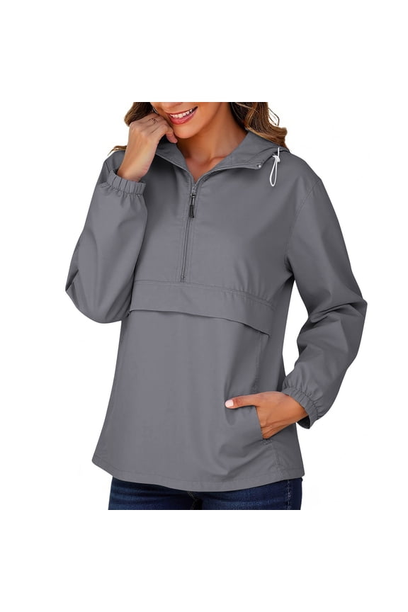 Womens Packable Waterproof Raincoat Quarter Zip Lightweight Rain Jacket Running Cycling Hiking Windbreaker Hooded Pullover Jackets(Dark Gray,XXL)