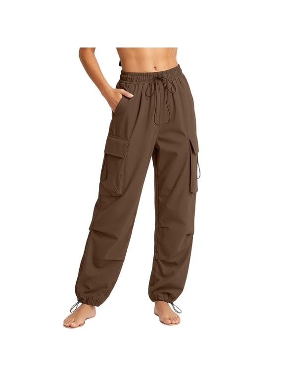 Womens Parachute Cargo Pants with Multi Pockets Quick Dry Hiking Pants Lightweight Drawstring Ankle Cuff Baggy Joggers