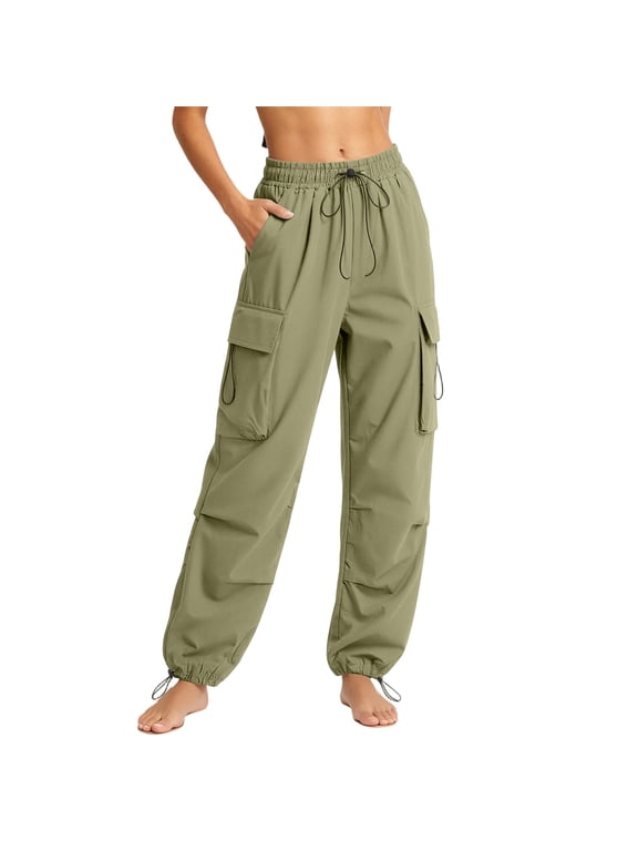 Womens Parachute Cargo Pants with Multi Pockets Quick Dry Hiking Pants Lightweight Drawstring Ankle Cuff Baggy Joggers