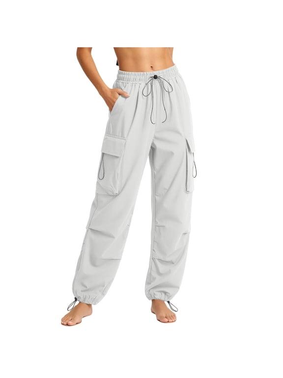 Womens Parachute Cargo Pants with Multi Pockets Quick Dry Hiking Pants Lightweight Drawstring Ankle Cuff Baggy Joggers