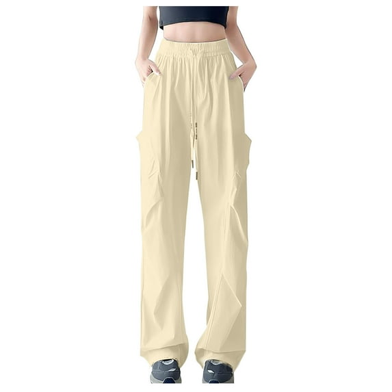RYRJJ Womens Parachute Pants Lightweight Quick Dry Wide Leg Baggy Cargo Pants Y2K Elastic Waist Outdoor Travel Glof Work Trousers(Beige;XL)