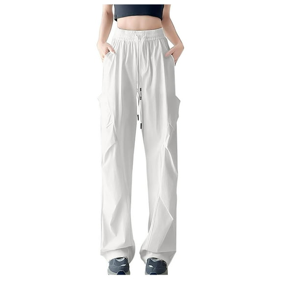 RYRJJ Womens Parachute Pants Lightweight Quick Dry Wide Leg Baggy Cargo Pants Y2K Elastic Waist Outdoor Travel Glof Work Trousers(White;S)