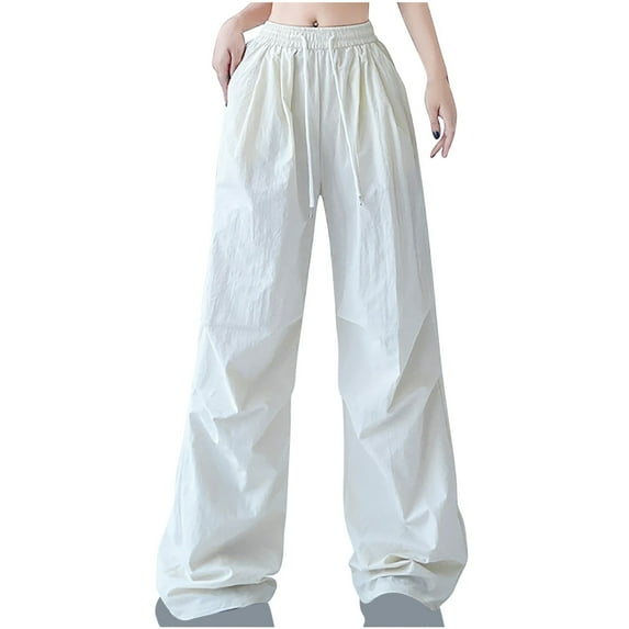 RYRJJ Womens Parachute Pants Wide Leg Baggy Pants Y2K Elastic Low Waist Jogger Sweatpants Drawstring Pants Streetwear(White,S)