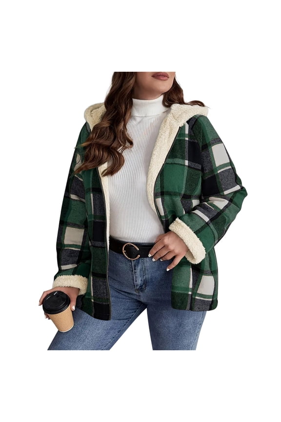 Womens Plaid Shacket Jacket Sherpa Lined Flannel Jackets Oversized Winter Warm Zip Up Fleece Hoodies Coat Outwear(Army Green,M)