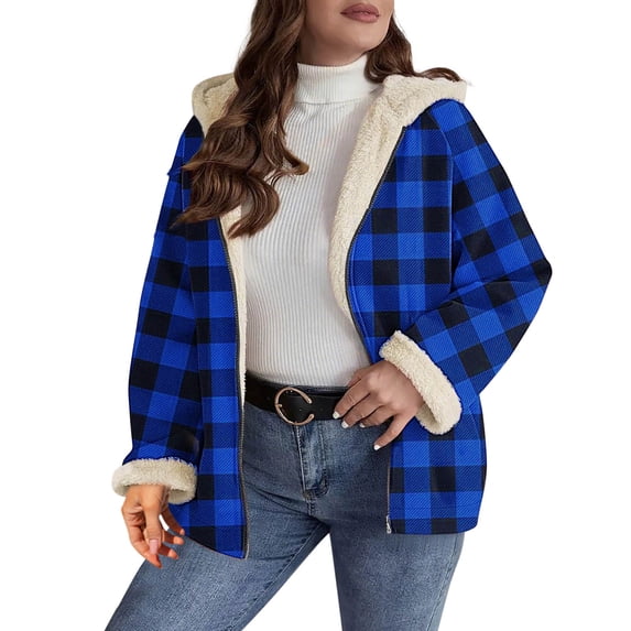 RYRJJ Womens Plaid Shacket Jacket Sherpa Lined Flannel Jackets Oversized Winter Warm Zip Up Fleece Hoodies Coat Outwear(Blue,XXL)