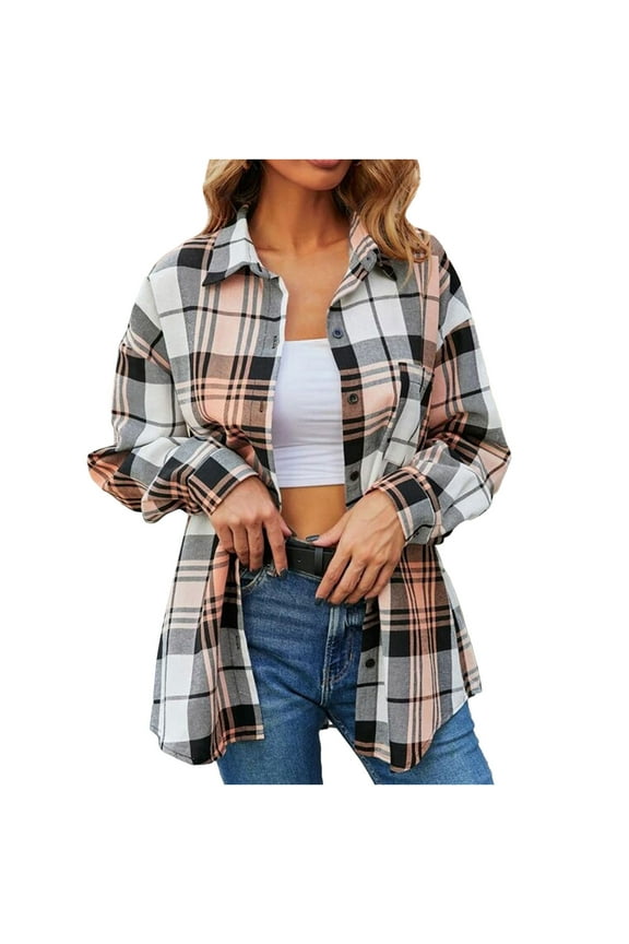 Womens Plaid Shirts Flannel Shacket Jacket Fall Fashion Long Sleeve Button Down Boyfriend Shirt Coat with Pocket(Orange,L)