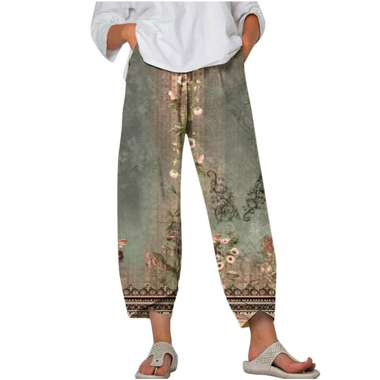 RYRJJ Womens Plus Size Casual Summer Capri Pants Boho Cotton Linen Elastic  Waist Trousers Floral Print Baggy Beach Cropped Pants(Green,4XL)