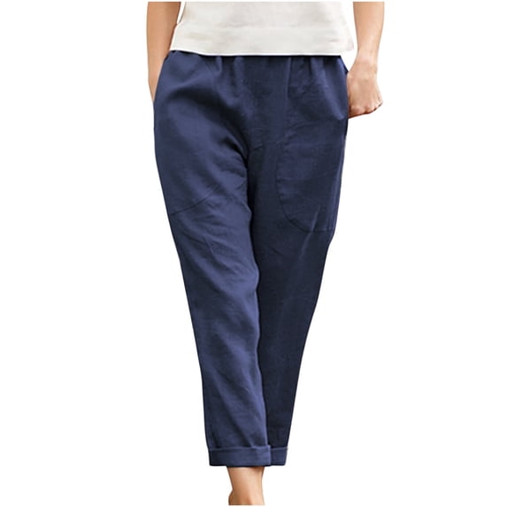 RYRJJ Womens Plus Size Cotton Linen Tapered Pants Elastic Waist Ankle Cropped Trouser Casual Loose Vacation Beach Pants with Pockets(Navy,S)