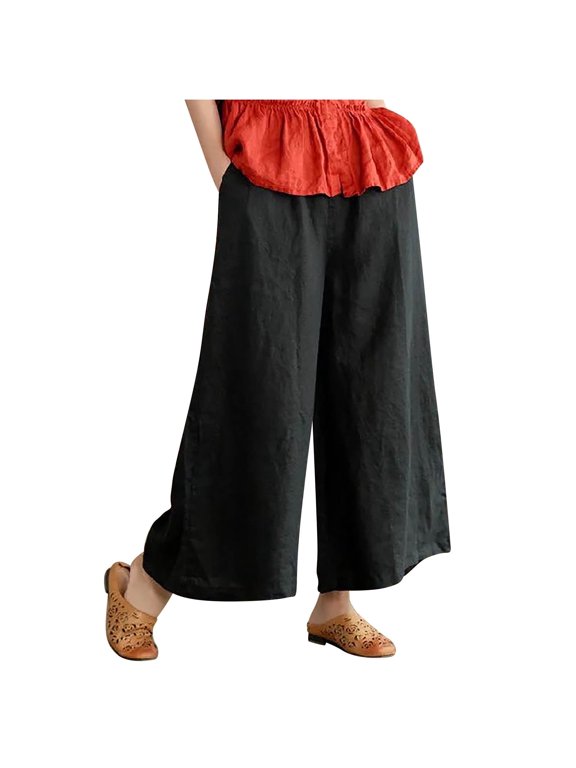 Womens Plus Size Linen Pants Summer Wide Leg Palazzo Trousers Casual High Elastic Waist Flowy Loose Pants Culottes with Pockets(Black,3XL)