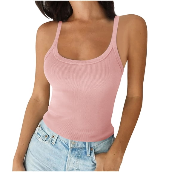 RYRJJ Womens Plus Size Ribbed Tank Tops Slim Fitted Spaghetti Strap Scoop Neck Camisole Summer Basic Workout Sleeveless Shirts(Pink,XL)