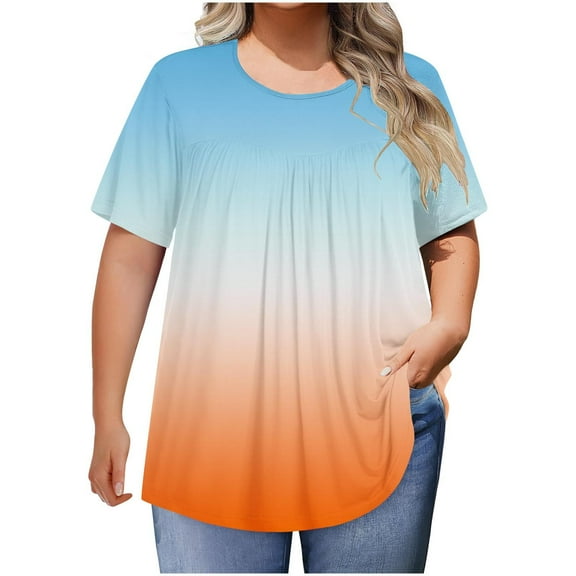 RYRJJ Womens Plus Size Tops Short Sleeve Blouses Dressy Casual Summer Pleated Front Crewneck T Shirts Gradient Tie Dye Tees(Orange,L)