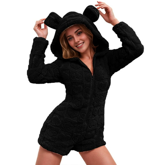RYRJJ Womens Plush Hooded Jumpsuit Sherpa Fuzzy Pajamas Long Sleeve Cute One Piece Onesie Winter Warm Short Rompers Sleepwear(Black,M)