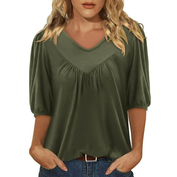 RYRJJ Womens Puff Half Sleeve Summer Tunic Tops Casual Pleated V-Neck Shirts Work Blouse for Women Dressy(Army Green,M)