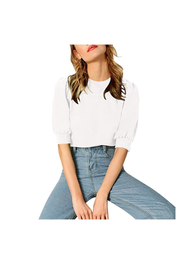 Womens Puff Half Sleeve Tops Dressy Casual Loose Fit Shirts Trendy Summer Crewneck Keyhole Back Tunic Blouse Office Work T-Shirt(White,XL)