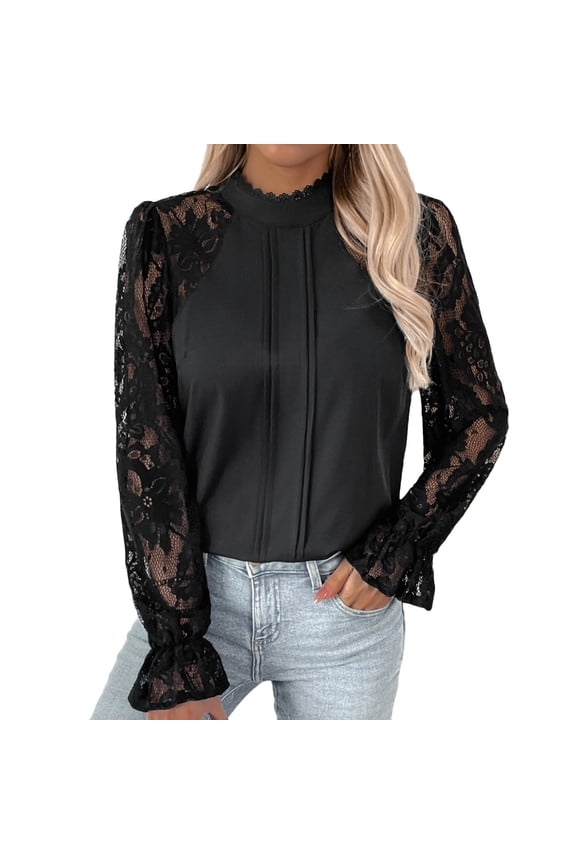 Womens Puff Long Sleeve Shirts Frill Mock Neck Floral Lace Tops Trendy Fall Business Work Dressy Casual Blouses(Black,S)