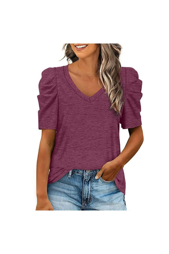 Womens Puff Short Sleeve Shirt Summer Tops V Neck Casual T Shirts Loose Fit Blouses(Purple,XXL)