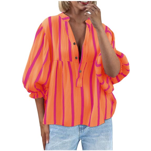 RYRJJ Womens Puff Sleeve Babydoll Tops Trendy Summer Button V Neck Striped Blouse Cute Dressy Casual Loose Fit Flowy Shirts(Orange,XL)