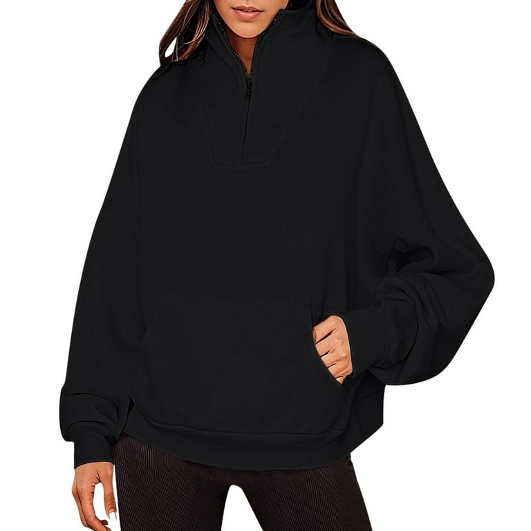 RYRJJ Womens Quarter Zip Pullover Top Oversized Sweatshirts Half Zip Hoodies with Pockets Long Sleeve Crewneck Fall Clothes Teen Girls Black XXL