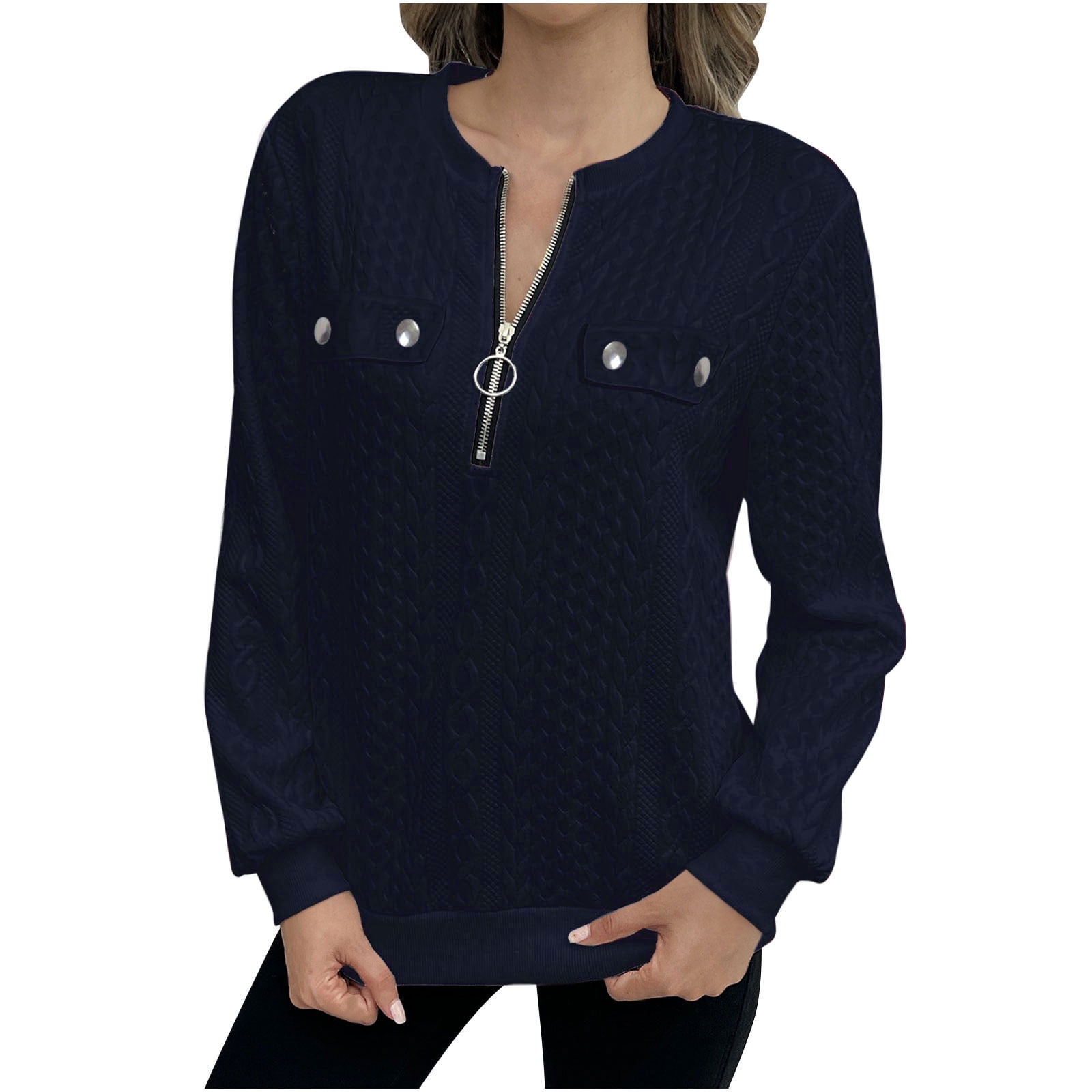 Womens Quarter Zip V Neck Collared Knit Pullover Sweatshirts main image 1