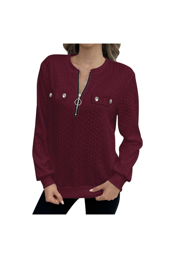 Womens Quarter Zip Quilted Sweatshirts Crew Neck Long Sleeve Pullover Top Lightweight Fall Fashion Textured Tops(Wine,S)