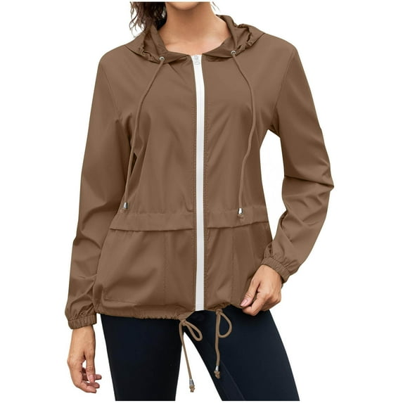 RYRJJ Womens Raincoats Lightweight Waterproof Packable Rain Jackets Active Outdoor Hooded Windbreaker Jakcet with Pockets(Brown,L)