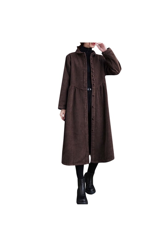 Womens Retro Classic Corduroy Long Jackets Button Down Lapel Neck Maxi Dress Coat Fall Winter Casual Outerwear with Side Pockets(Coffee,L)