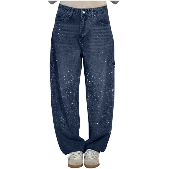 RYRJJ Womens Rhinestone Baggy Wide Leg Jeans High Waisted Washed Distressed Straight Leg Denim Pants Plus Size(Dark Blue,M)