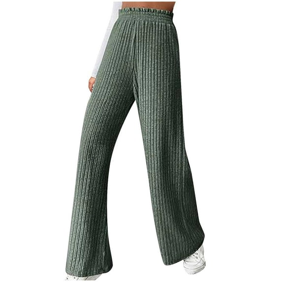 RYRJJ Womens Rib Knit Wide Leg Pants Elastic High Waist Casual Flowy Palazzo Sweater Pants Warm Soft Lounge Baggy Pajamas Trousers(Army Green,XL)