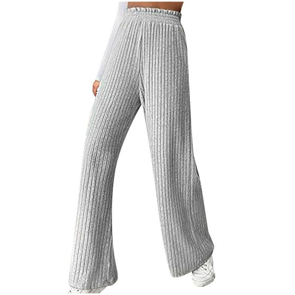RYRJJ Womens Rib Knit Wide Leg Pants Elastic High Waist Casual Flowy Palazzo Sweater Pants Warm Soft Lounge Baggy Pajamas Trousers(Gray,L)